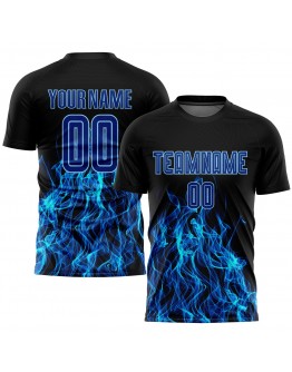 Best Pro Custom Black Royal-Light Blue Flame Sublimation Soccer Uniform Jersey